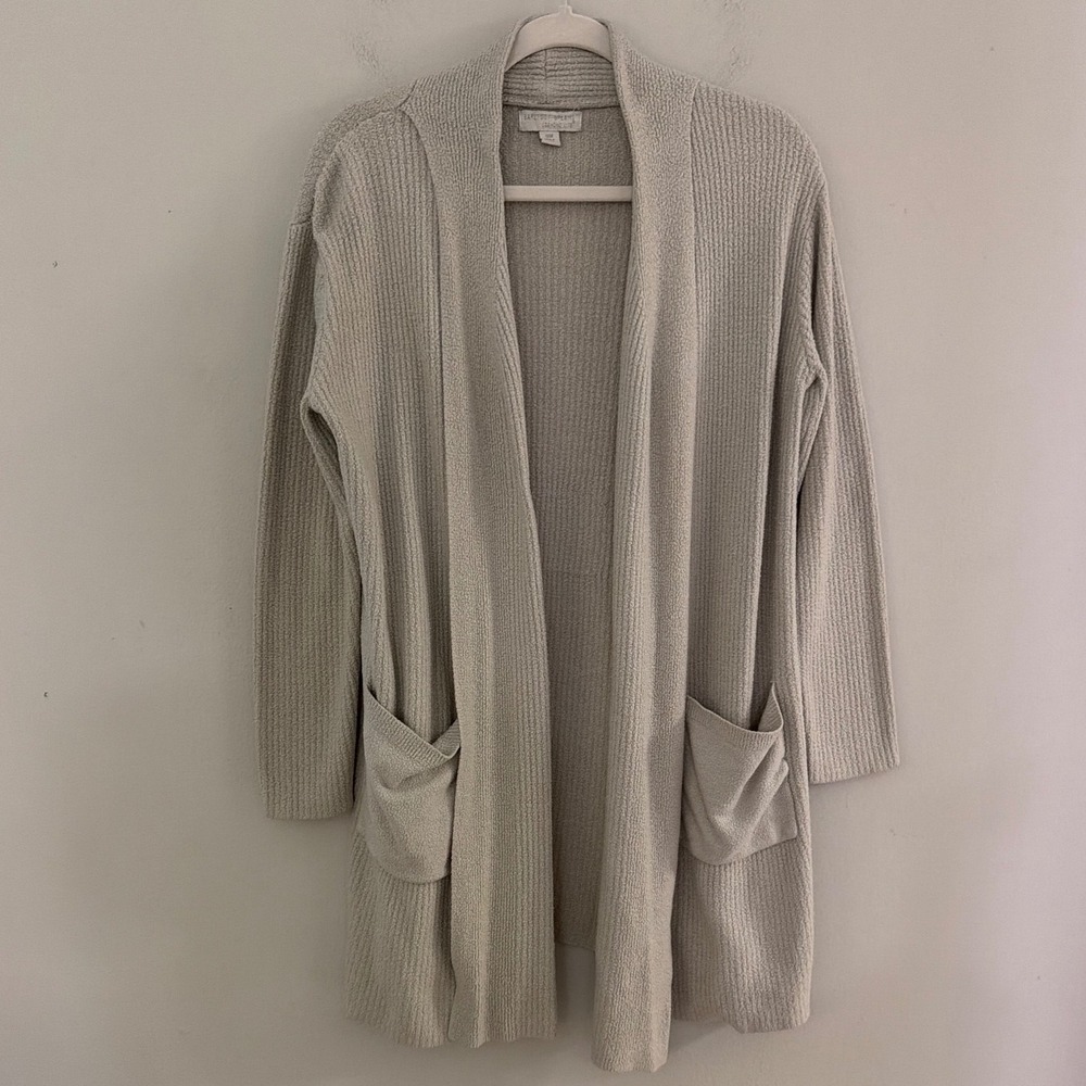 Barefoot Dreams CozyChic Lite 950 Ribbed Cardigan Gray S/M Open Front Pocket